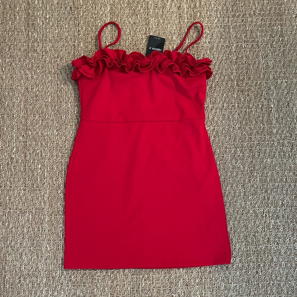 Ruby red dress with ruffles at the top
